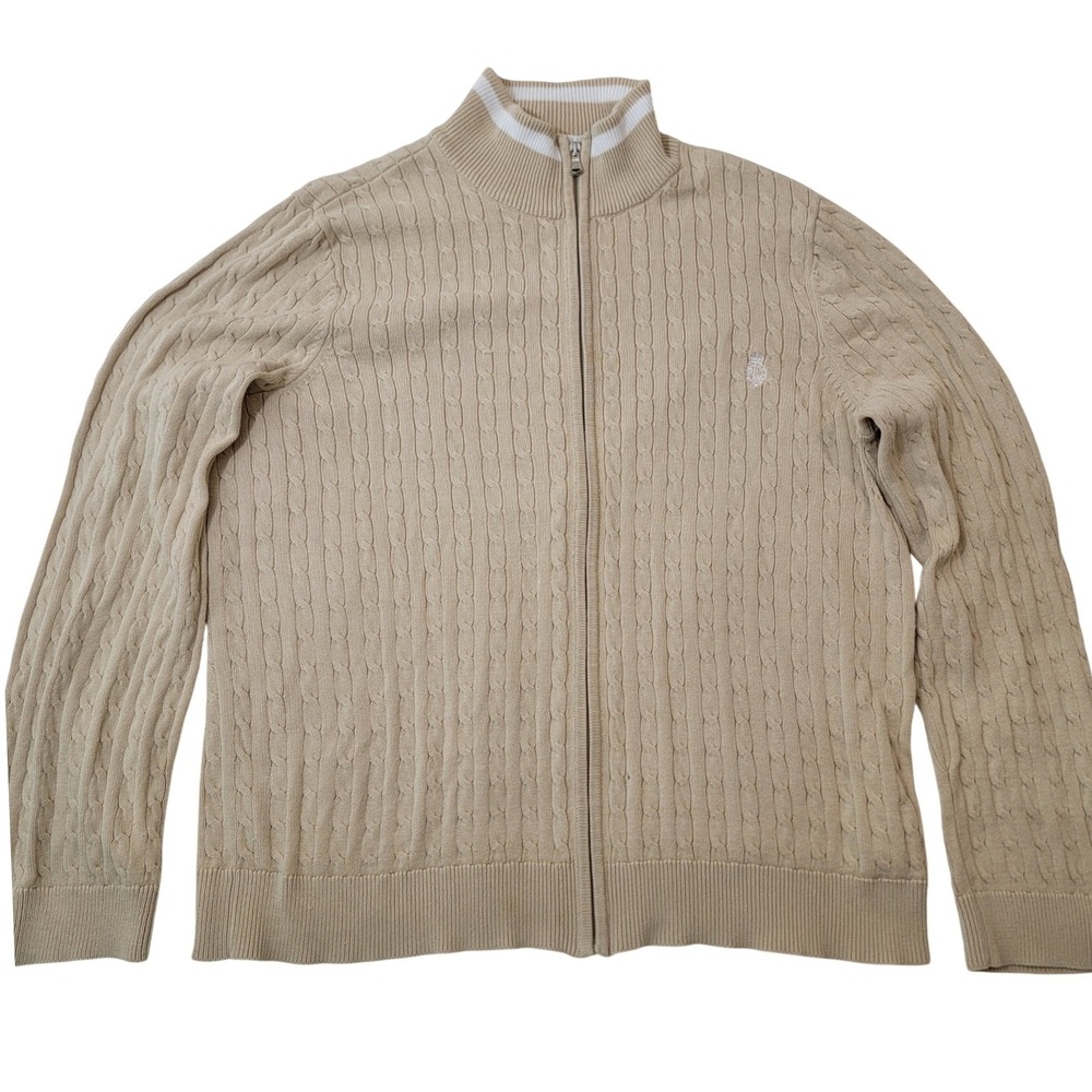 Lauren Ralph Lauren Tan Cable Knit Full Zip Cotton Sweater Cardigan XL Crest